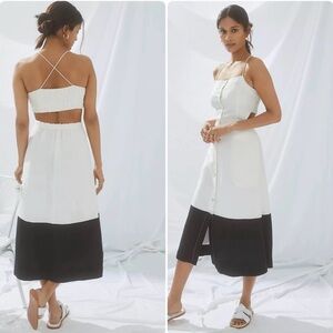 Maeve by Anthropologie Colorblock Linen Midi Dress White Black XS‎